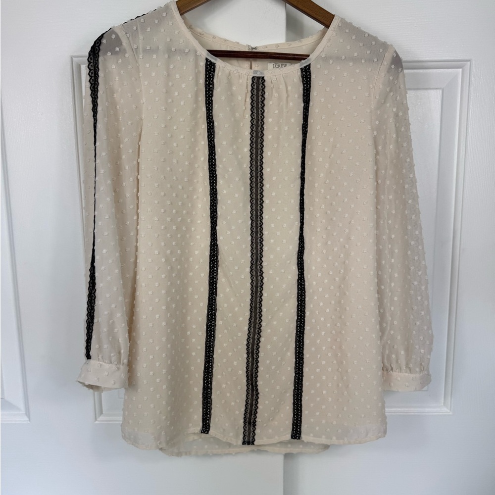 J. Crew Ivory Black Lace Sheer Long Sleeve Crewneck Top Shirt Size 4